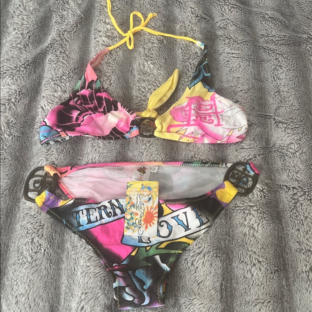 Ed Hardy Multicolor Graphic Bikini with Yellow & Purple Accents